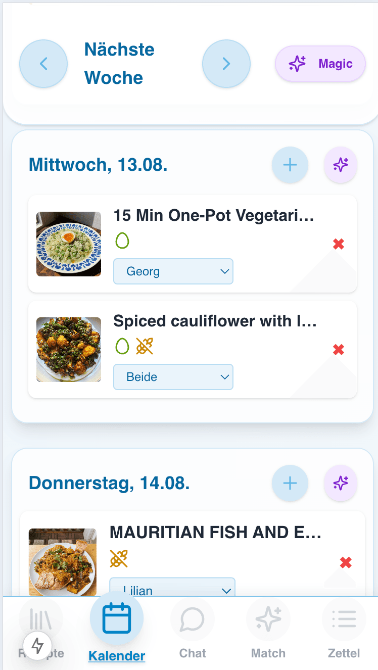 Wochenkalender mit geplanten Rezepten in CookiePlan